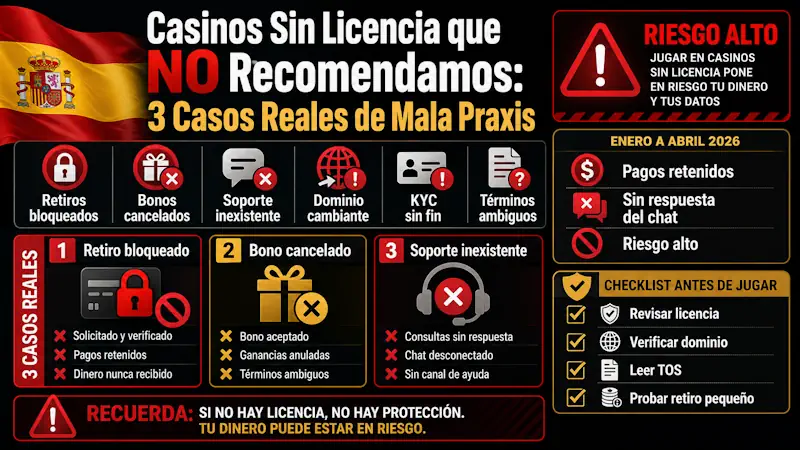Casinos Sin Licencia que NO Recomendamos: 3 Casos Reales de Mala Praxis