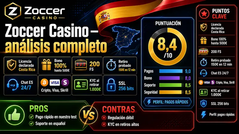 Zoccer Casino — análisis completo: licencia Costa Rica y bono 100% hasta 500€